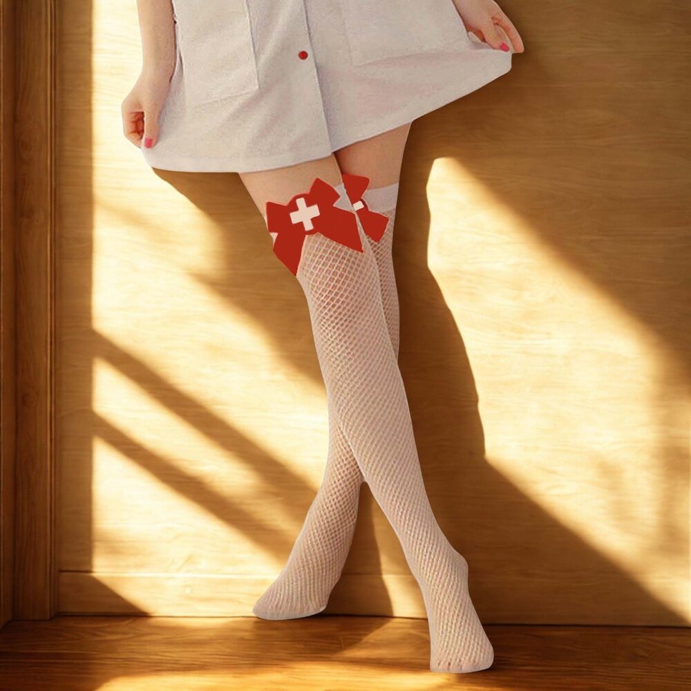 Nurse Costume Thigh High Stockings Womens One Size White Fishnet with Red Badge